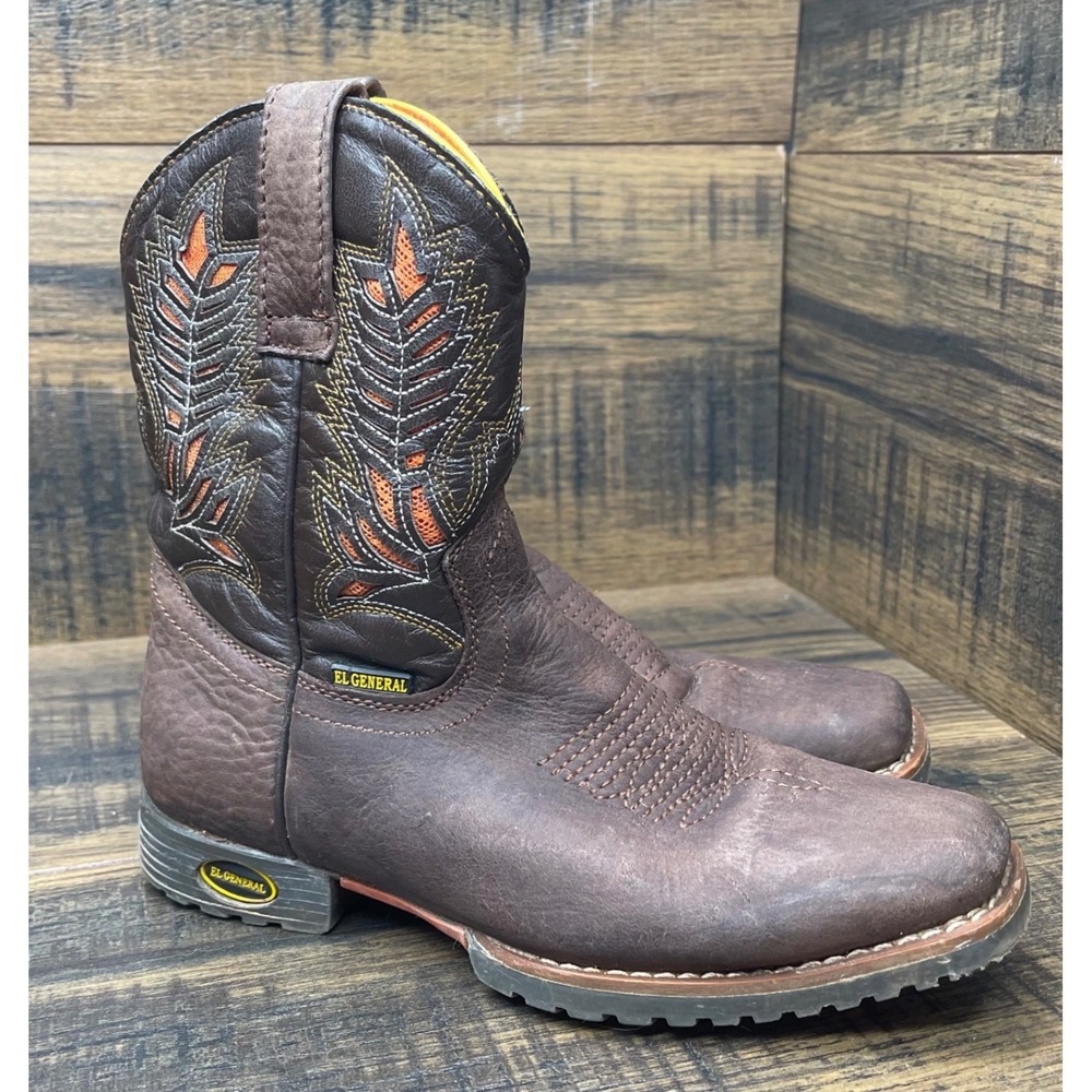 El General Cowboy Boots Kids Size 12 Brown‎ Leather Orange Embroidery Lug Sole